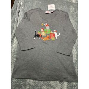 Quacker Factory Christmas Cats Embroidered Gray Top A237786 Womens Small